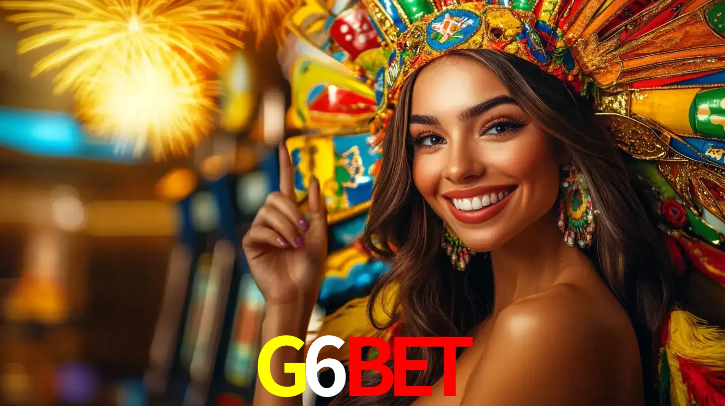 Mulher sorridente com um cocar de carnaval vibrante e colorido, celebrando uma grande vitória nos jogos do cassino G6BET com fogos de artifício ao fundo.