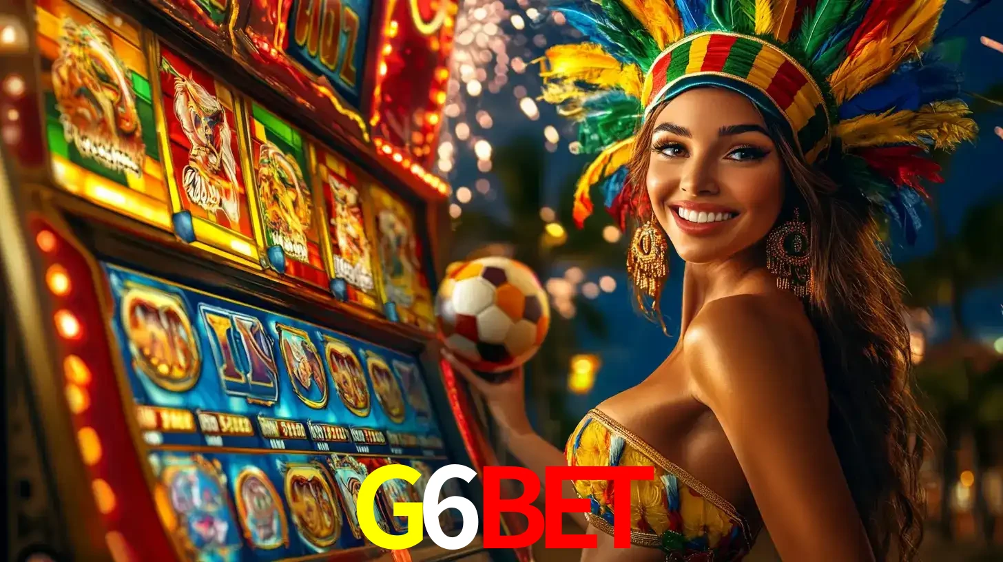Mulher com um cocar de carnaval ao lado de uma máquina de caça-níqueis enquanto segura uma bola de futebol, mostrando a união da diversão de cassino e esportes no G6BET.