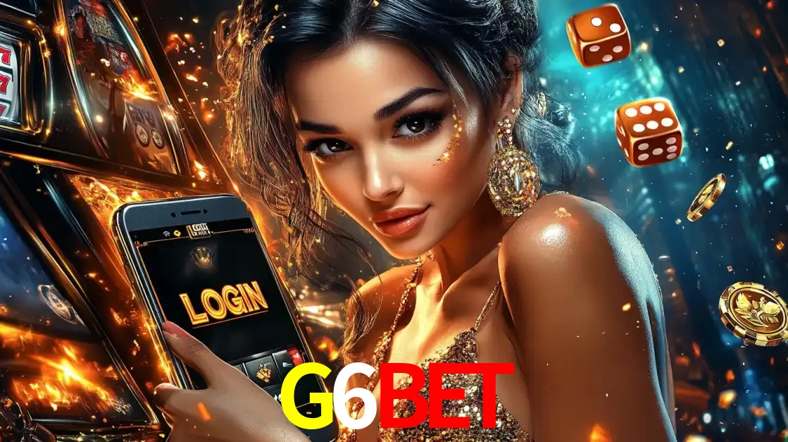 Mulher glamourosa segurando um celular com a tela de login do cassino G6BET, rodeada por dados e moedas douradas, pronta para começar a diversão.