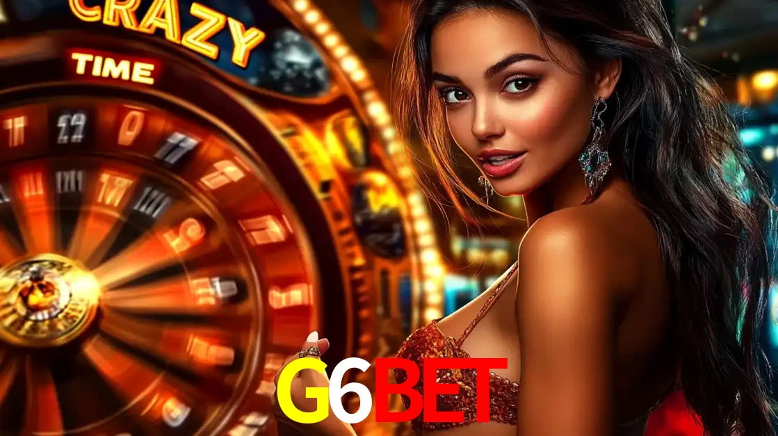 Mulher ao lado da roda de prêmios do jogo de cassino ao vivo Crazy Time, um dos shows de jogos mais emocionantes oferecidos pela plataforma de apostas G6BET.