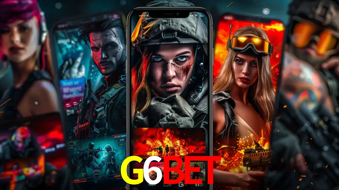 Montagem de telas de celular mostrando diversos personagens, masculinos e femininos, de um jogo de tiro, ilustrando a diversidade de equipes de e-sports para apostar no G6BET.