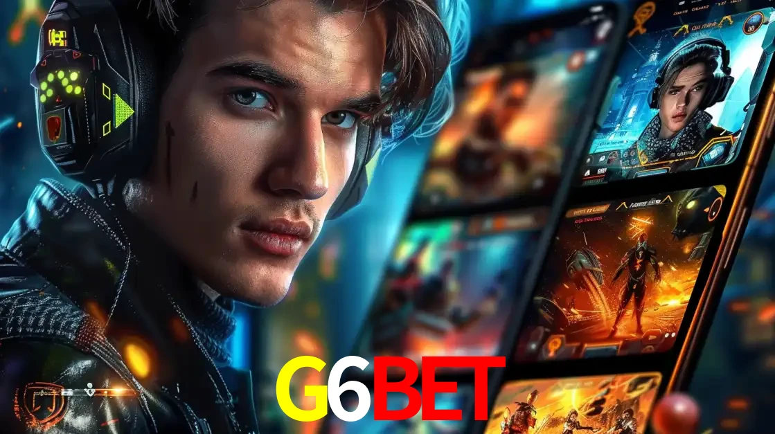 Jovem jogador com fones de ouvido olhando para a câmera, com um aplicativo de jogos e e-sports para celular ao fundo, pronto para a competição e apostas no G6BET.