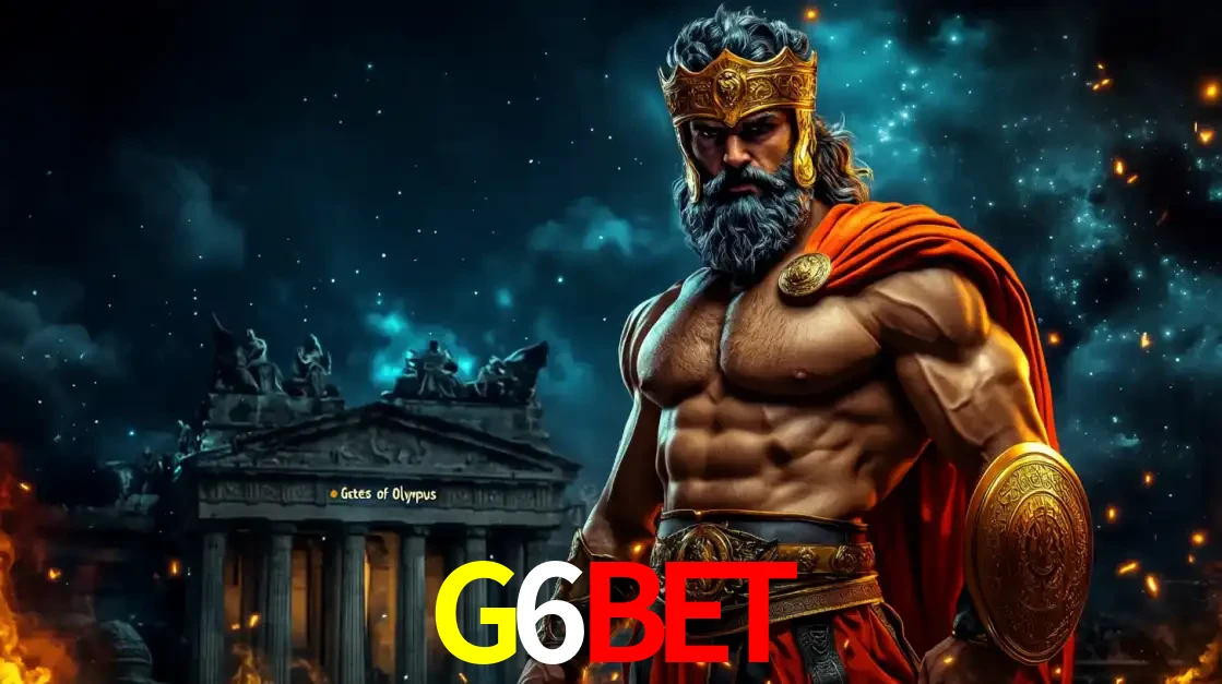 O poderoso Zeus do jogo de slot Gates of Olympus em frente ao seu templo, pronto para lançar multiplicadores divinos e prêmios épicos no cassino online G6BET.