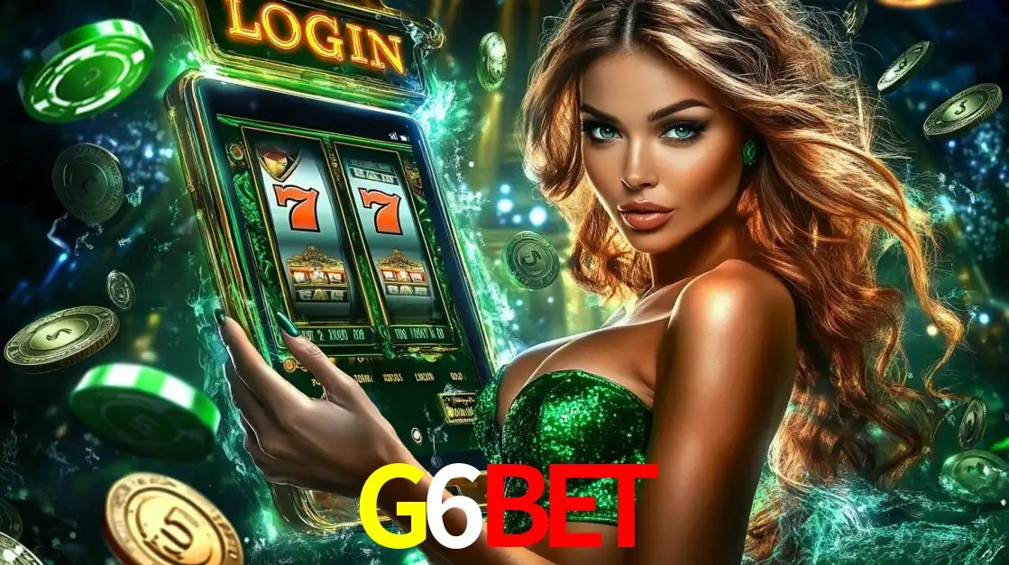 Mulher com tema verde apresentando o aplicativo do cassino G6BET com um jogo de slot de 777, cercada por fichas de cassino e uma aura de sorte.