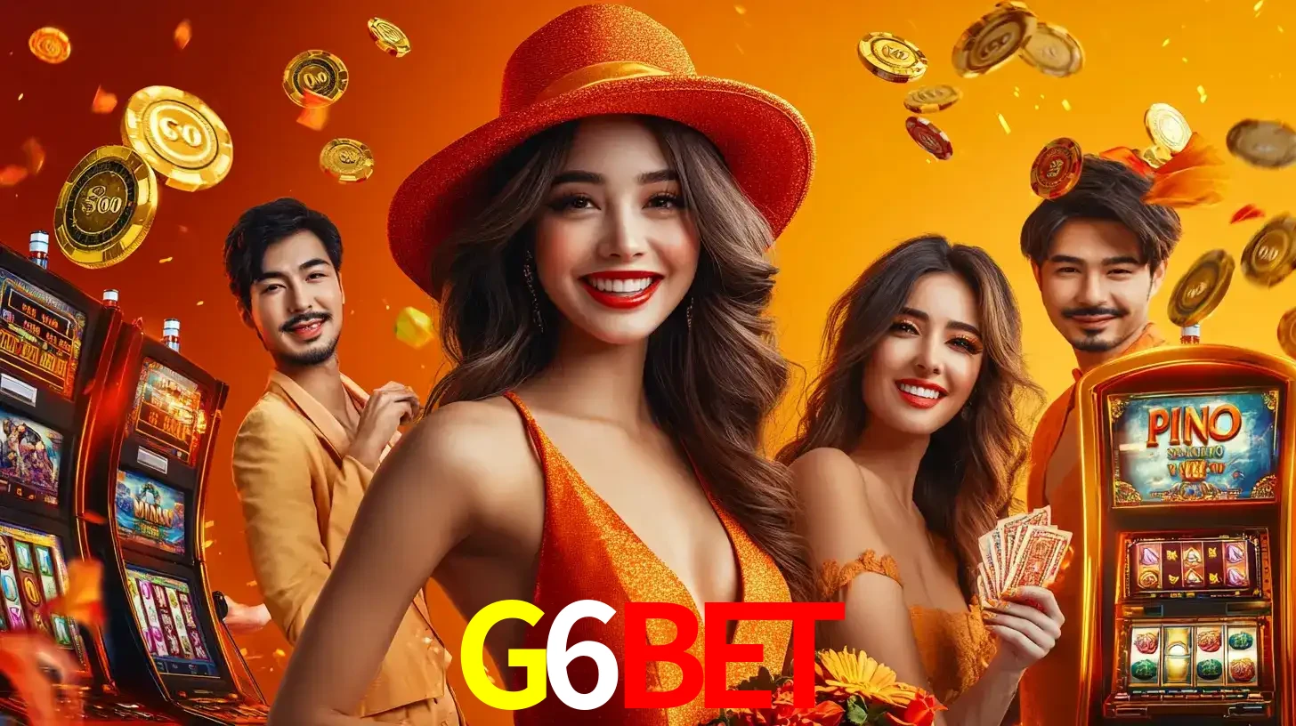 Grupo de amigos asiáticos sorrindo e se divertindo com máquinas de caça-níqueis em um ambiente festivo, celebrando suas vitórias nos jogos de cassino do G6BET.