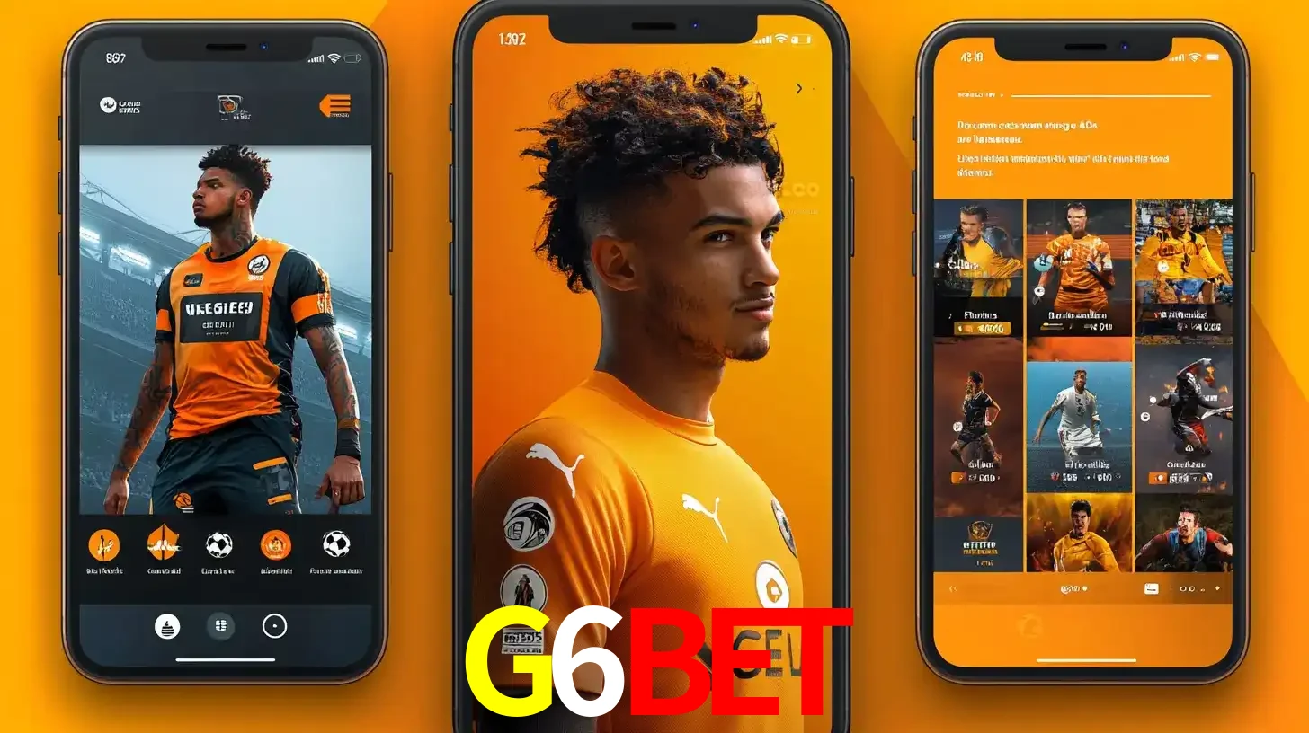 Interface do aplicativo de apostas esportivas G6BET em três telas de celular, mostrando o perfil de um jogador de futebol e a lista de jogos disponíveis para apostar.
