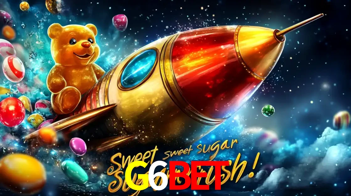 Arte promocional do jogo de slot Sugar Rush, com um urso de pelúcia em um foguete viajando pelo espaço de doces, um dos jogos divertidos disponíveis no cassino G6BET.