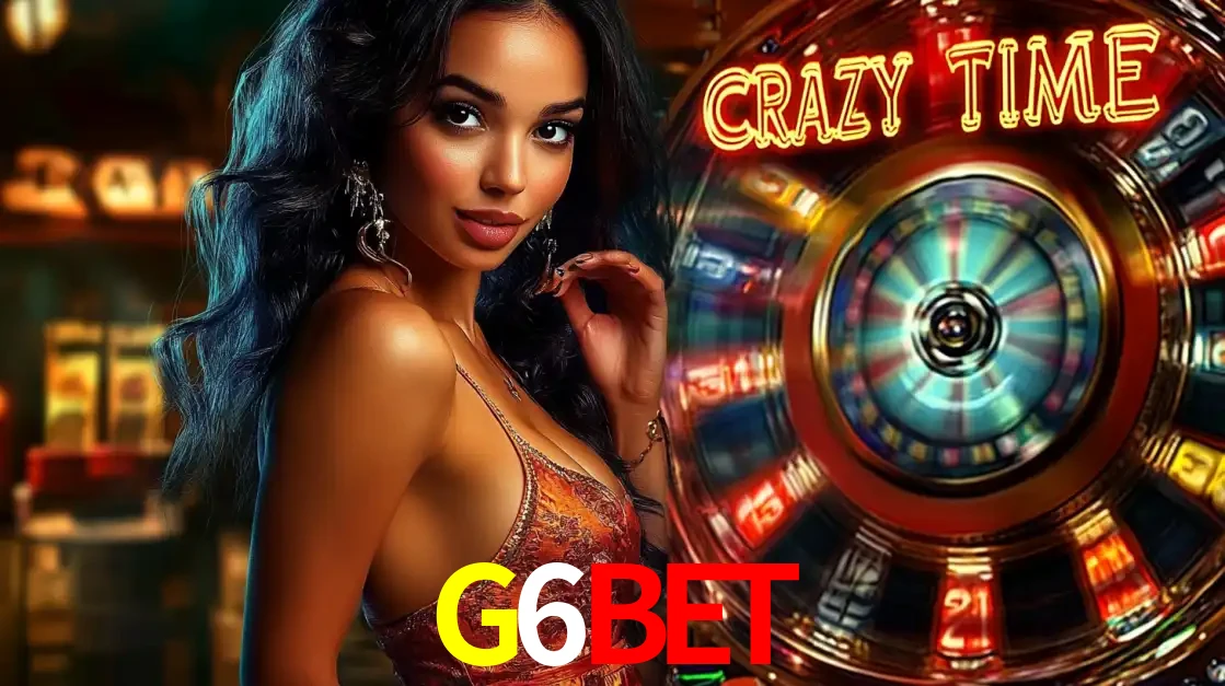 Mulher elegante ao lado da vibrante roda da fortuna do jogo de cassino ao vivo Crazy Time, um dos game shows mais populares e cheios de prêmios do G6BET.