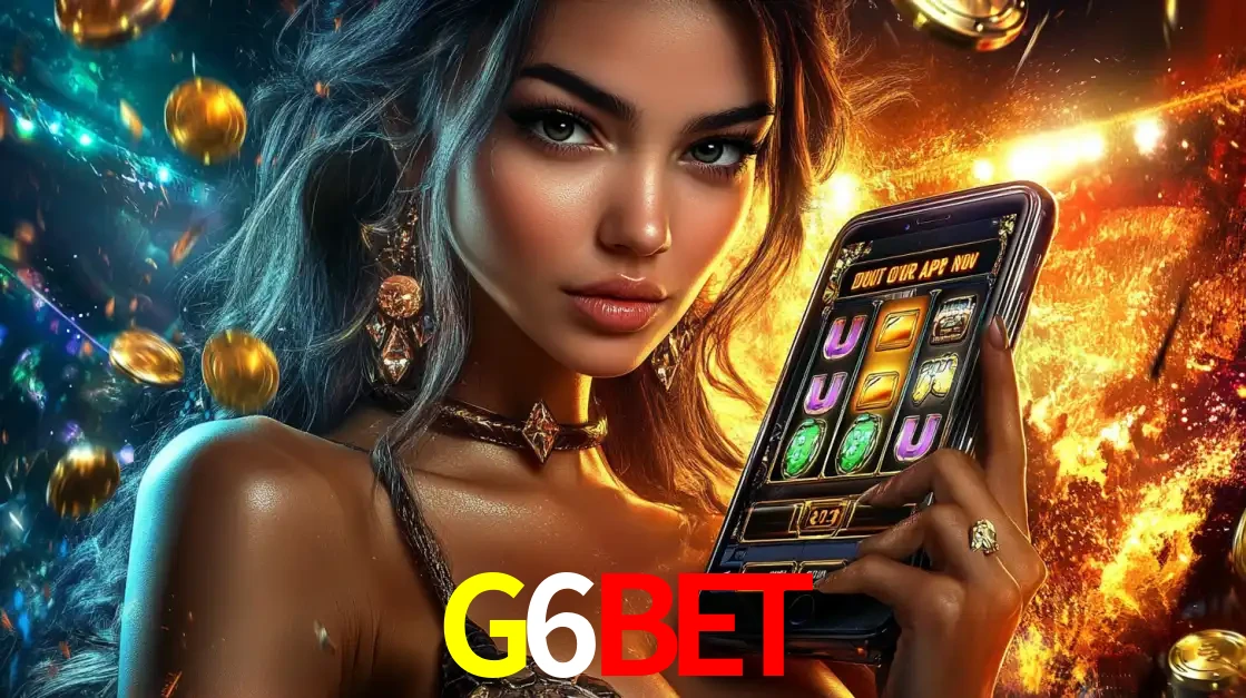 Mulher elegante mostrando um jogo de caça-níqueis em seu smartphone, destacando a experiência de cassino móvel oferecida pelo aplicativo G6BET.