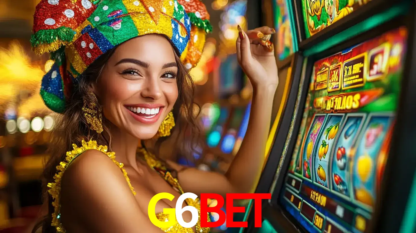 Mulher feliz com traje de carnaval amarelo e colorido ao lado de uma máquina de caça-níqueis, aproveitando a diversão e os jogos temáticos do cassino G6BET.