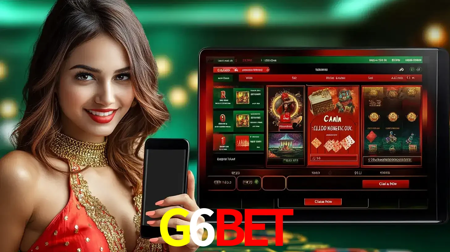 Mulher sorridente segurando um smartphone, ao lado de uma tela exibindo o lobby de jogos do cassino online G6BET, com várias opções de jogos de cartas e slots.